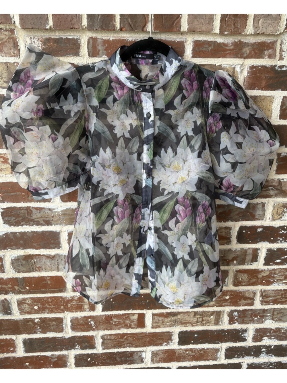 AKIRA Black Floral Sheer Puff Sleeves Blouse Size Small NWT For the Frills